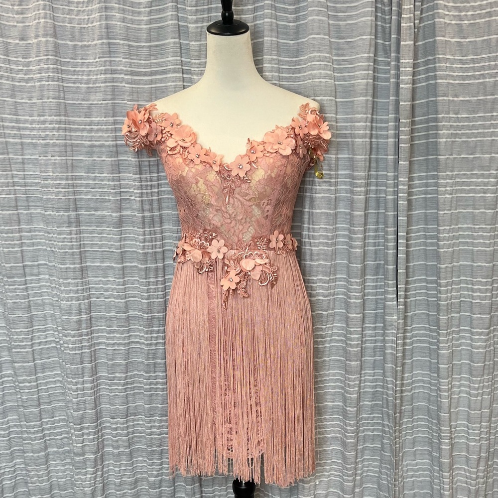 Tarik Ediz Pink Floral Fringe Dress